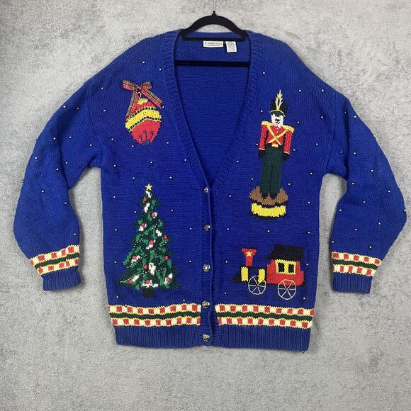 Essential Elements Cardigan Sweater Womens Large Blue Christmas Ugly Beaded - Picture 1 of 8